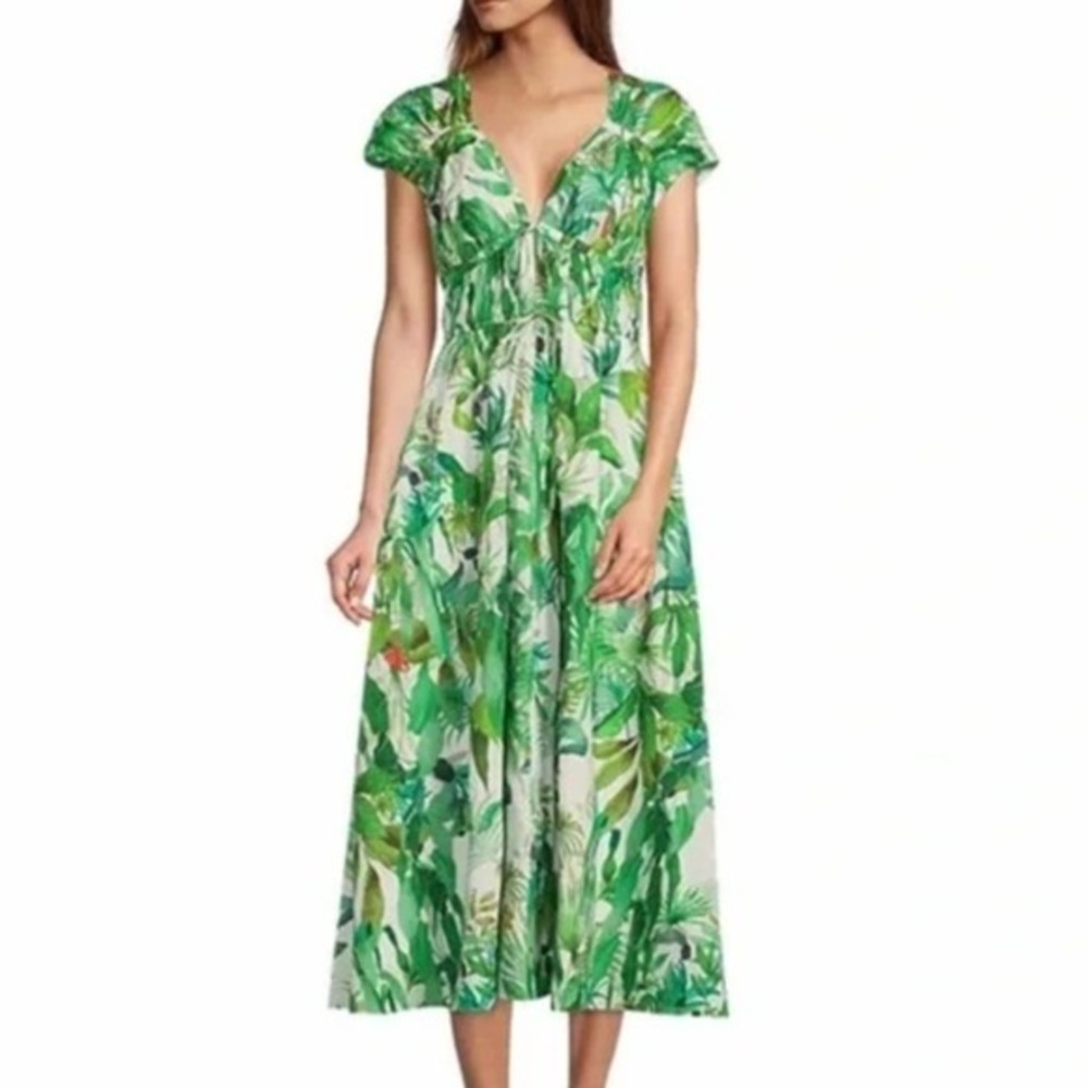 Antonio Melani Tropical Print Midi‎ Dress Size 2 Green Botanical Resort Chic